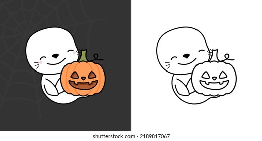 Halloween Seal Clipart for Coloring Page and Illustration. Adorable Clip Art Halloween Animal. Cute Vector Illustration of a Kawaii Halloween Sea Calf and Pumpkin.
