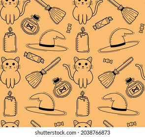 halloween seamles pattern with cat, broom and hat