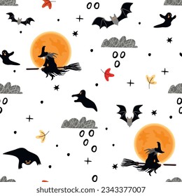 Halloween seamles pattern with witch and huge moon.Background with ghosts, bats and clouds.Autumn leaves,dots and stars.Print on fabric and paper.Vector hand drawn cartoon illustration  on white.