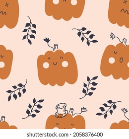 Halloween seamless autumn pattern with pumpkins and leaves. Perfect for T-shirt, textile and prints. Hand drawn vector illustration for decor and design.

