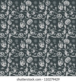 Halloween seamless background with bats, ghost and pumpkin, vector illustration
