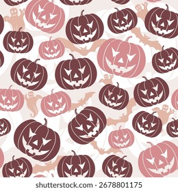 Halloween nahtloser Hintergrund mit Fledermäusen, Geisterkürbis, Vektorgrafik