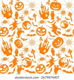 Fondo inconsútil de Halloween con murciélagos, fantasma y calabaza, Ilustración vectorial