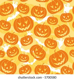 Halloween seamless background with bats, ghost & pumpkin, vector illustration