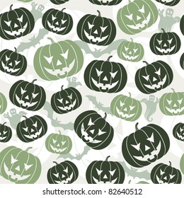 Halloween seamless background with bats, ghost & pumpkin, vector illustration