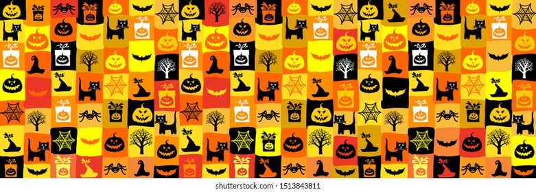 Halloween seamless background with bats, spider, black cat and pumpkin. Colorful picture. Horizontal web banner.  Greeting, invitation card or flyer. Game backdrop. Vector illustration