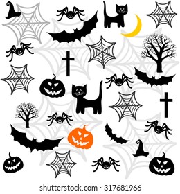 Halloween seamless background with bats, spider, cat  and pumpkin. vector illustration 