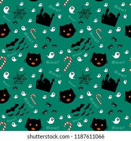 halloween seamless background, black cat and bat on green background