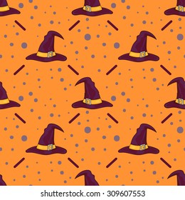 Halloween seamless background with cartoon witch hats. 