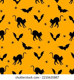 Halloween seamless background. Cat, bat and spider. Cute illustrations. Background texture.