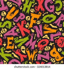 Halloween Seamless Background With Colorful Letters and Symbols. Editable pattern in swatches.