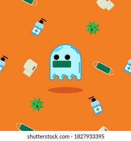 Halloween seamless background of cute ghost with Covid-19 prevent item. No.1