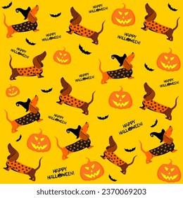 Halloween seamless background with dachshund dog, bats and pumpkin. Good for textile fabric design, wrapping paper, website wallpapers, textile, wallpaper and apparel. vector illustration
