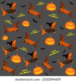 Halloween seamless background with dachshund dog, bats and pumpkin. Good for textile fabric design, wrapping paper, website wallpapers, textile, wallpaper and apparel. vector illustration