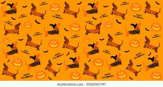 Halloween seamless background with dachshund dog, bats and pumpkin. Good for textile fabric design, wrapping paper, website wallpapers, textile, wallpaper and apparel. Vector illustration