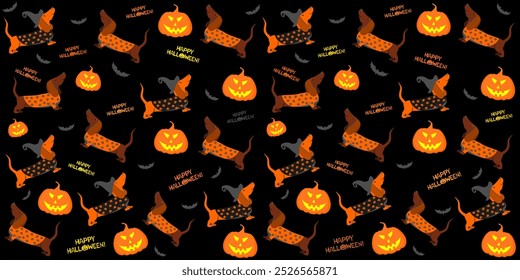 Halloween seamless background with dachshund dog, bats and pumpkin. Good for textile fabric design, wrapping paper, website wallpapers, textile, wallpaper and apparel. Vector illustration