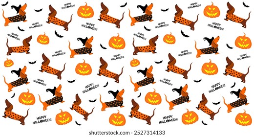 Halloween seamless background with dachshund dog, bats and pumpkin. Good for textile fabric design, wrapping paper, website wallpapers, textile, wallpaper and apparel. Vector illustration