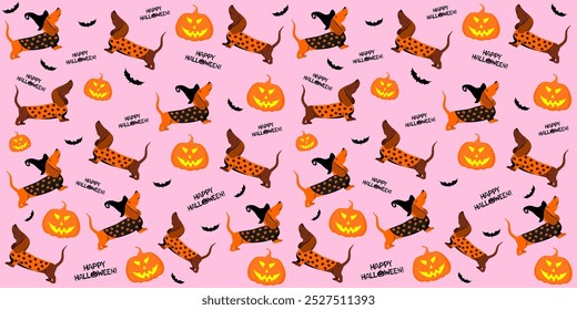 Halloween seamless background with dachshund dog, bats and pumpkin. Good for textile fabric design, wrapping paper, website wallpapers, textile, wallpaper and apparel. Vector illustration