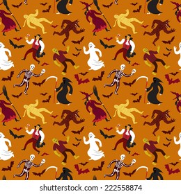 Halloween seamless background with funny cartoon monsters. Editable vector format.