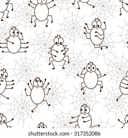 Halloween seamless background with funny spiders and web