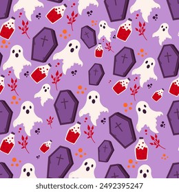 Halloween seamless background with ghost, potion and coffin. Suitable for designing textile fabrics, wrapping paper, website wallpaper, textiles, wallpaper and clothing.