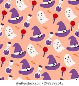 Fondo sin fisuras de Halloween con fantasma, ojo de bruja y caramelo. Adecuado para diseñar telas, papel de embalaje, Fondo de pantalla de Sitio web, textiles, Fondo de pantalla y prendas de vestir.