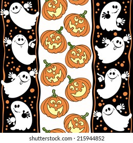 Halloween seamless background with ghosts and pumpkins.