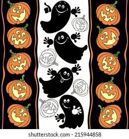 Halloween seamless background with ghosts and pumpkins.