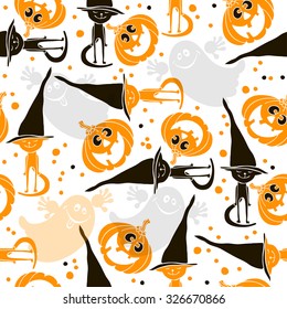 Halloween seamless background with ghosts, pumpkins  and cute kittens in hats.