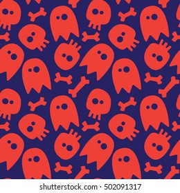 Halloween seamless background: ghosts, skulls and bones. 