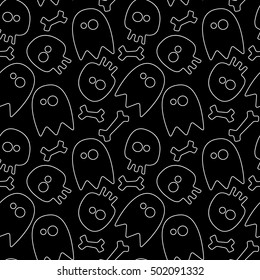 Halloween seamless background: ghosts, skulls and bones. 