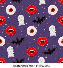 Halloween seamless background with ghosts, vampire lips, eyes, bats and stars in night sky. Illustration can be used for backdrops, holiday cards, invitations, children's clothing design and banners.