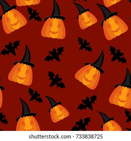 Halloween seamless background for greeting, present, and children with evil yellow pumpkin in black hat and black bat.