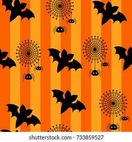 Halloween seamless background for greeting, present, and children with black bat and black spider on web.