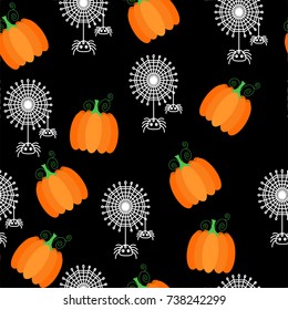Halloween seamless background for greeting, present, and children with yellow pumpkin and and white spiders with web.