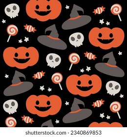 halloween seamless background. Halloween holiday seamless pattern background with hand drawing elements - pumpkin, candy, hat and skull. Vector illustration