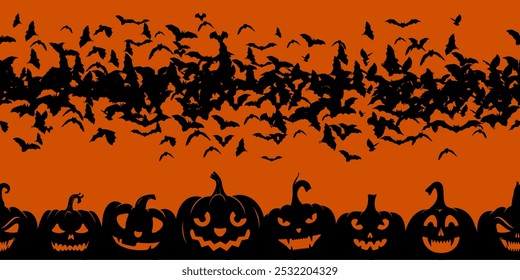 Ilustración de fondo transparente de Halloween con calabaza, jack-o-lantern, murciélagos voladores sobre fondo naranja