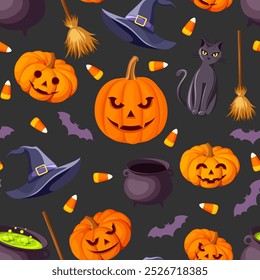 Halloween seamless background with jack-o-lanterns, cats, bats, cauldrons, witches hats, brooms, and candy corn on black. Vector season print. Hand-drawn illustration, not AI