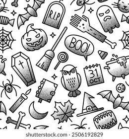 Halloween seamless background. Halloween outline sign and symbol with stippled grainy texture. Vector illustration.