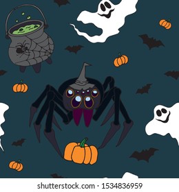 Halloween seamless background. Pattern with pumpkins, spiders and witch cauldron