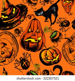 Halloween seamless background with pumpkin, black cat, hat and spider. Hand drawn vector illustration.