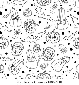Halloween seamless background pumpkin with different facial expressions, vector illustration.