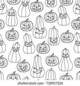 Halloween seamless background pumpkin with different facial expressions, vector illustration.