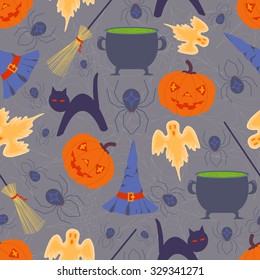 Halloween seamless background with pumpkin, spider, broom, hat, cat, ghost and cobweb on grey background. Vector illustration. Perfect for wallpapers,wrapping papers, decoration, greeting cards.
