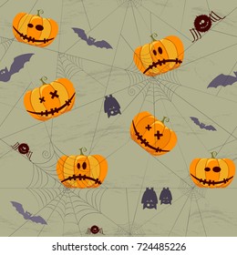 Halloween seamless background with pumpkins, bats and spiders.