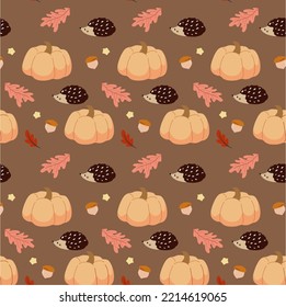 Halloween Seamless Background with pumpkins and hedgehog