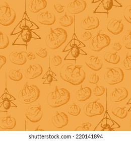 Halloween seamless background with pumpkins and spiders. vector illustration