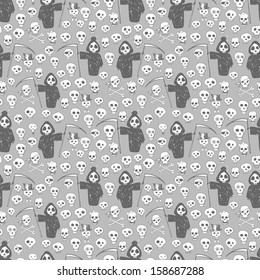 Halloween seamless background with skulls.Can be used for wallpaper, pattern fills, textile, web page background, surface textures. Vector illustration. 