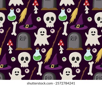 Halloween seamless background with skulls, bones, ghosts, potion, grave, broom and witch hat. Spooky dark pattern