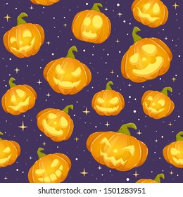 Halloween seamless background with smiling pumpkins and stars in night sky. Illustration with Jack O' Lantern can be used for backdrops, holiday cards, invitations, children's clothing design, banners